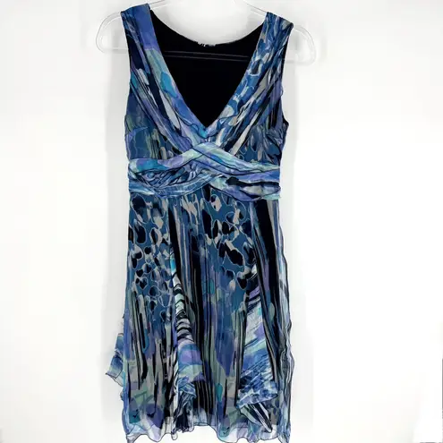 Claudia Gil Blue Patterned Faux Wrap Sleeveless Dress with Jacket Silk Size 6