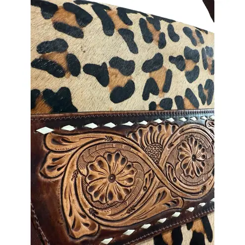 New American Darling LRG Tooled Leopard Calf Hair Leather Western Boho Bag $329 Brown