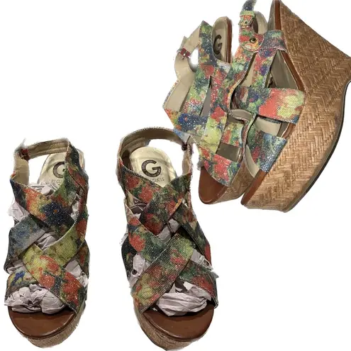 G by Guess Floral Vibrant Glitter Strappy Wedges Platform Shoes - Size 11M
