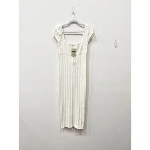 LPA Short Sleeve Padded Shoulder Crochet Bodycon Midi Dress Cream Women's S