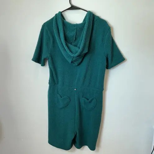 YITTY XL Teal Green Fuzzy Short Sleeve Hooded Romper Jumpsuit Zip Pockets - Image 2