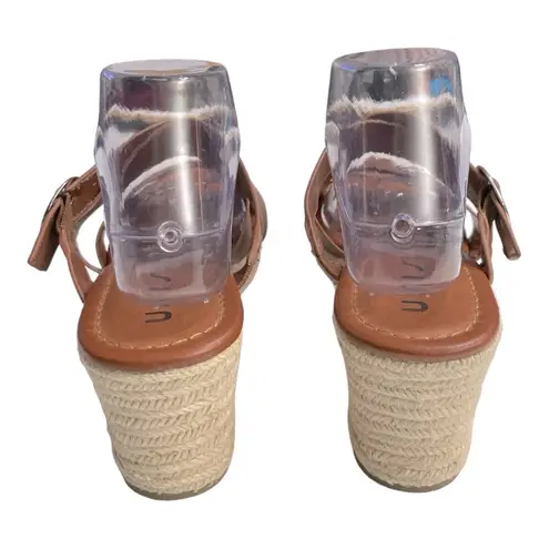 Unisa Women Brown Faux Leather Strap Wedge Sandal Sz 10 M Slip On Buckle Detail