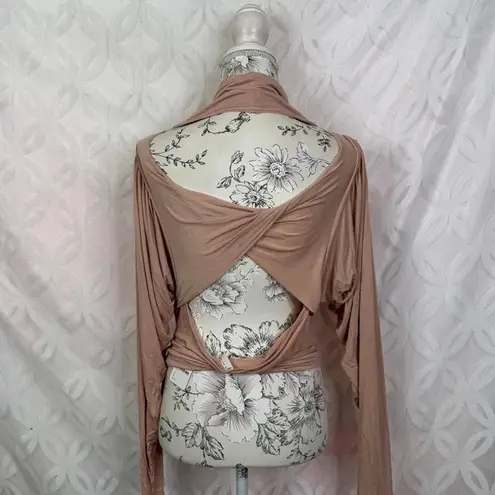 FP Movement Free People Beige Cowl Neck Long Sleeve Open Back Twist Crop Top NWT Tan Size L