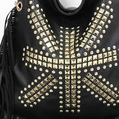 Women’s Black Fringed Pu Leather Studded Chain Detail Shoulder Bag 13.4” x 14.9”