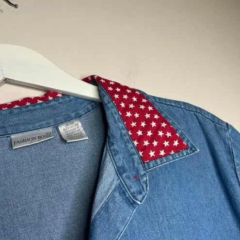 vintage 90s 1990s retro red white Blue denim button