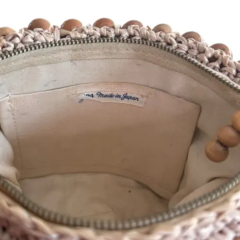 Vintage Beaded Handbag Natural Wood Raffia Woven Made in Japan Brown BOHO Retro Tan