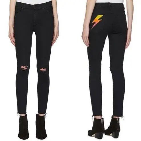 MOTHER The Looker Ankle Fray Gold Bolt Jeans Cropped Skinny Women Size 24 Black