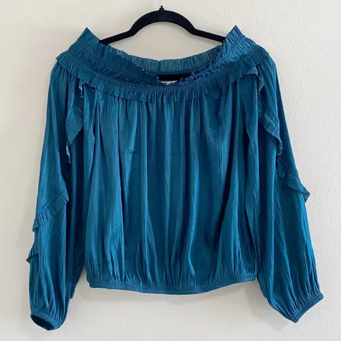 Evereve Teal Blue Off the Shoulder Pleated Top Size X-Small