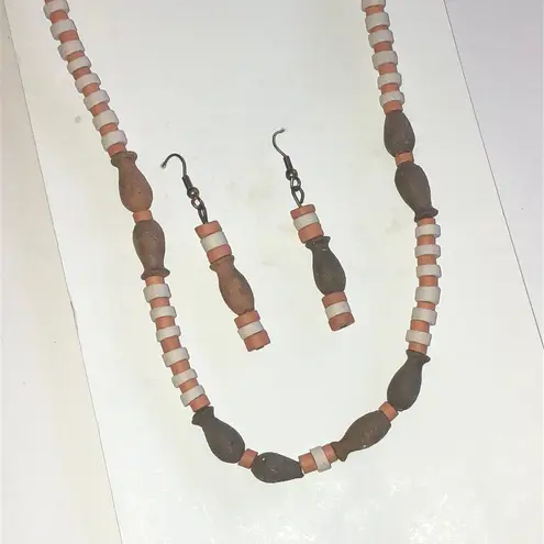 MAKU Brown and Cream Pottery Beaded Boho Necklace and Earring Set