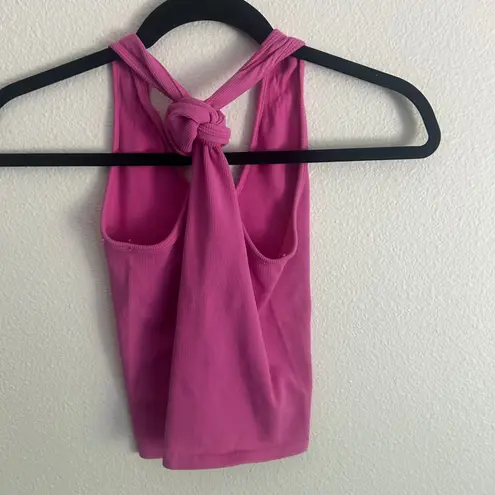 Happily Grey Ribbed Tank Top Cropped Tie Back Hot Pink Casual Size
