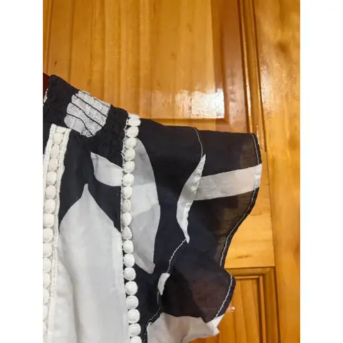 Point Sur Black White Abstract Floral Cotton Tiered Maxi Dress Size 0 Boho Pom T