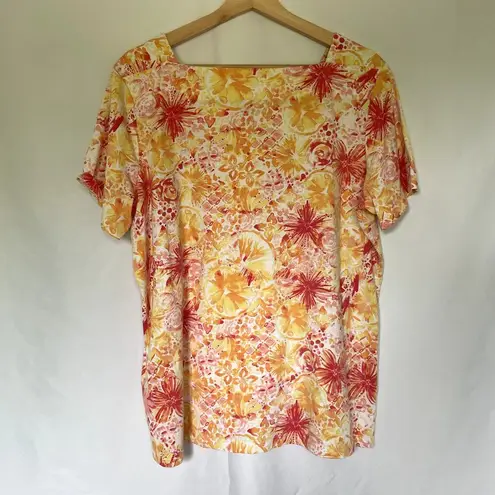 Coral Bay red and yellow floral cotton square neckline shirt women's size XL