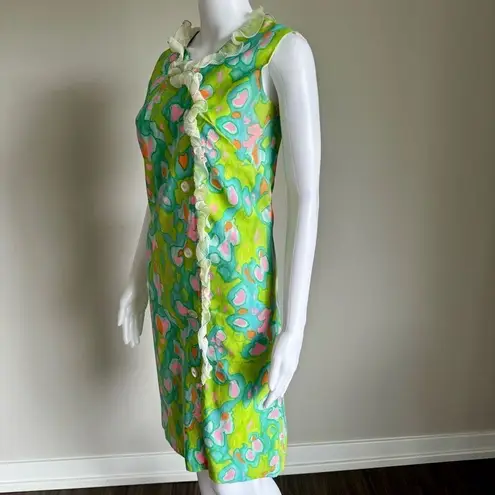 Vintage 1960’s Psychedelic Dress With Ruffle Details Pink Size M