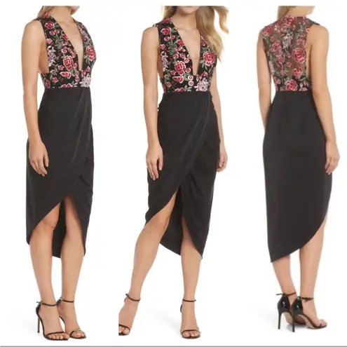 Sau Lee Mila Embroidered Tulip Skirt Dress Asymmetrical Mesh Size 0 US 4 UK Black