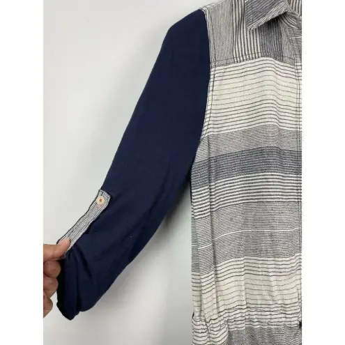 Anthropologie Postmark Blue White Long Roll Tab Sleeve Tie‎ Front Shirt Dress XS