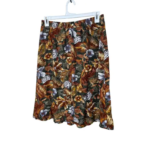 Vintage Panther Floral Midi Skirt Women's Size 16 Brown Green Pleated