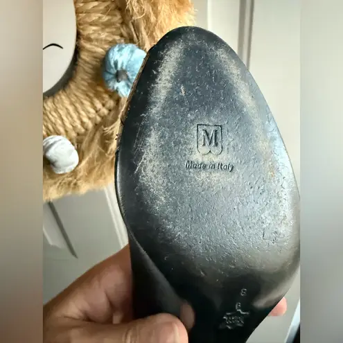 Vintage Bruno Magli black metallic snakeskin satin peep toe heels, size 8M