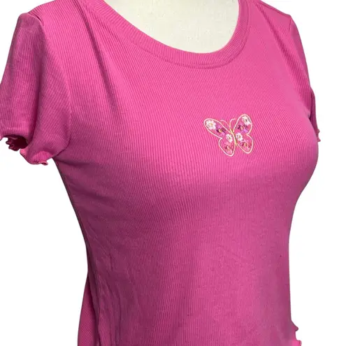 Cut and cropped Baby Tee Womens S Pink Ribbed Embroidered Butterfly Barbie Y2K