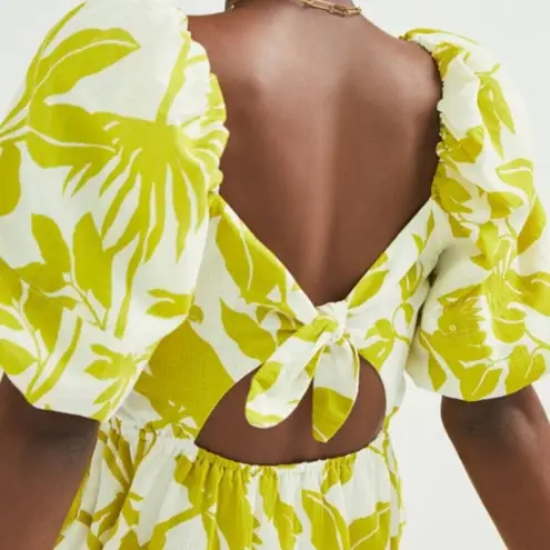 Maeve  Anthropologie Feliciana Puff Sleeve Chartreuse White Mini Dress size small