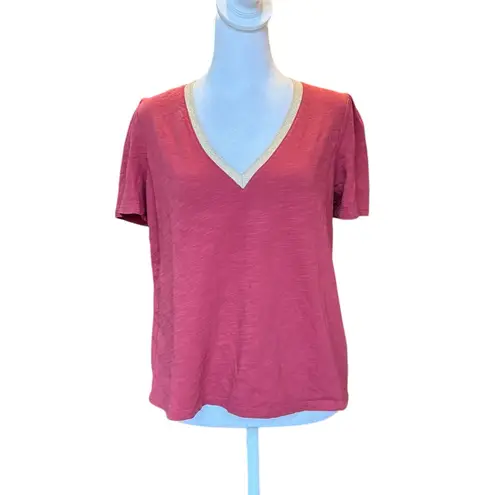 Boden Metallic Trim V Neck T Shirt Womens Size 6 Small Red Gold