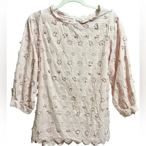 Romantic Pink Floral Appliqué Blouse Cottagecore Vibes Whimsical Scalloped Sz S