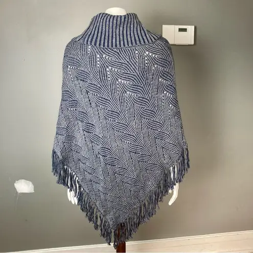 BCBG MaxAzria poncho sweater turtle funnel neck fringe denim blue grey one size