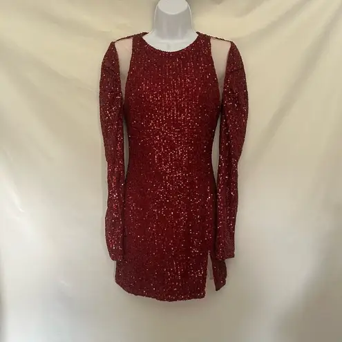 LuxeDress Red Sequin Mini Dress Sz S Mesh Cutout Bling Glam Cocktail Valentine