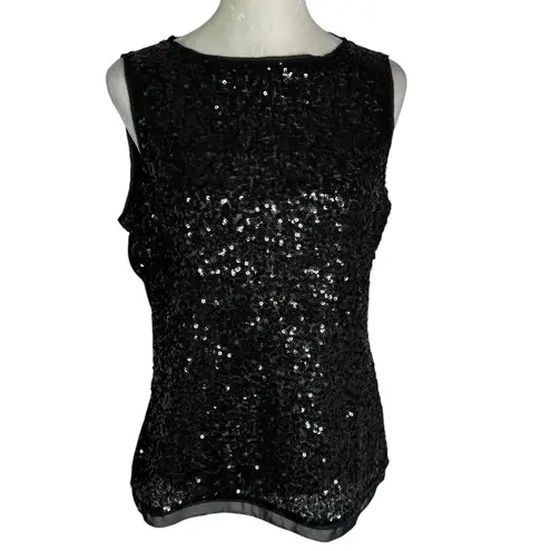 Karen Millen Black Sequin Sheer Embroidered Dot Back Sleeveless Top Size 10