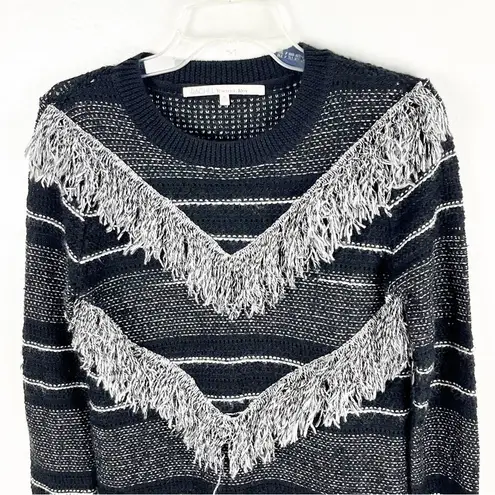 RACHEL RACHEL ROY Black Fringed Striped Long Sleeves Sweater, Size Medium