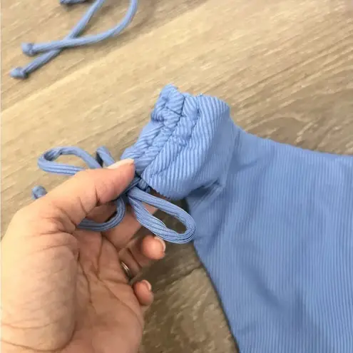 Women's Two piece Swimsuit Bathing Suit Side Ties Ribbed Bandeau Bikini Set Blue Size M