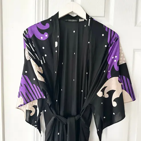 Hanae Mori for Sandcastles Vintage Satin Asian Kimono Slinky Robe Black Purple M Size M