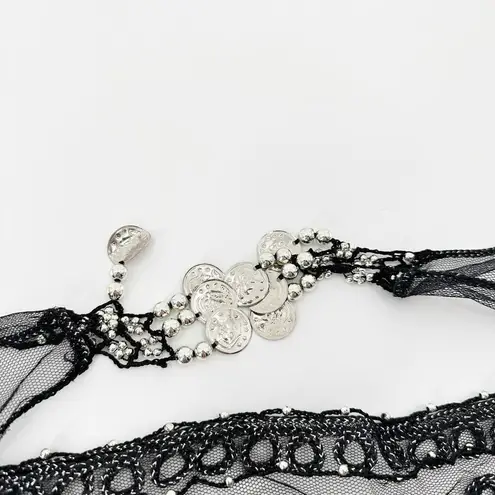 Belly Dancing Silver Embellished Costume Adjustable Tie Waist Belt One Size Black