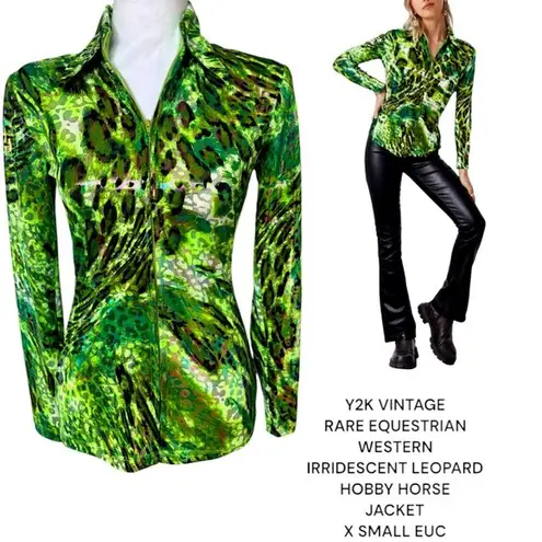 VINTAGE Y2K RARE EQUESTRIAN HOBBY HORSE WESTERN LEOPARD IRRIDESCEN TOP XSMALL #6 Green Size XS