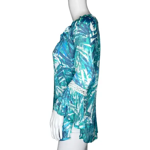 Ava & Grace Shirt Womens Small Blue White Floral Botanical Tunic Boho Peasant Blue