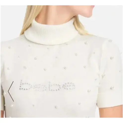 Bebe  Y2K Rhinestone Turtleneck Sweater Soft Logo White Pearls Sz Small - Image 2