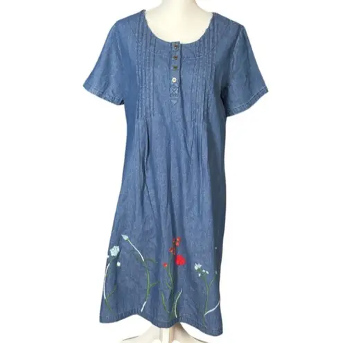 Country Store Midi Dress Mumu Embroidered Denim Size Medium Blue Floral Cottage
