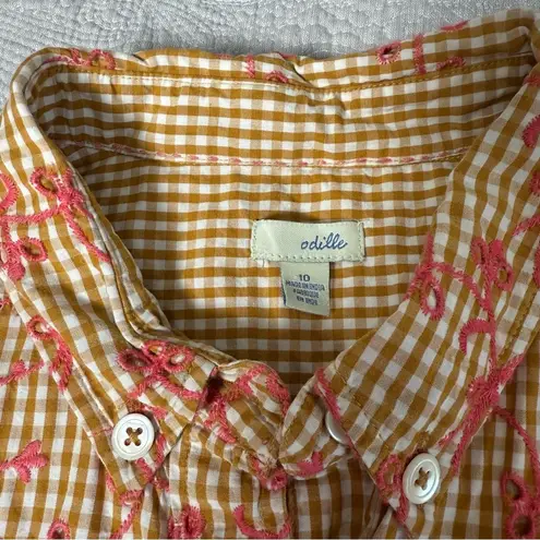 Odille Anthropologie Gold Coral Eyelet Gingham Shirt Top Womens 10 Blouse Spring