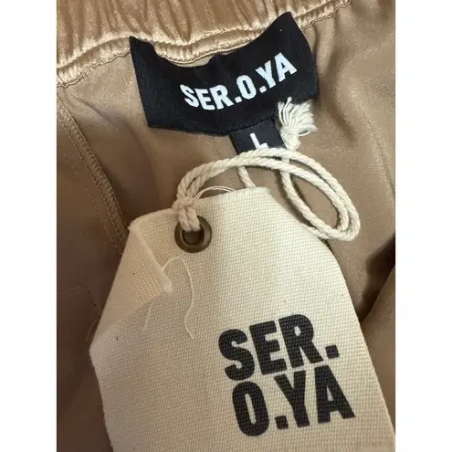 NEW SER.O.YA Tan Beige Silk Satin High Waisted Wide Leg Trousers Pants Size L Size L