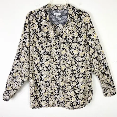 Dress Barn  Yellow & Black Floral Woven Stripe Long Sleeve Button Up Shirt Size 2X