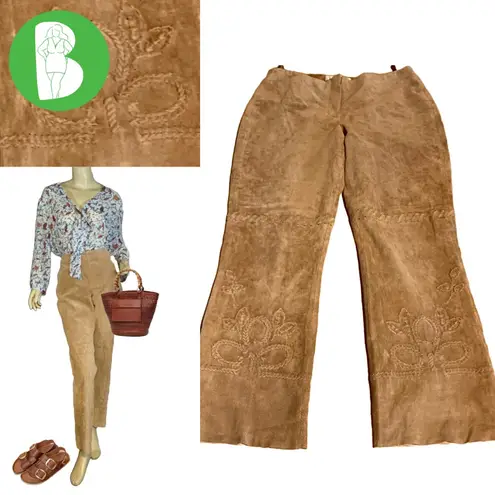 MARGARET GODFREY TAN SUEDE WHIP STITCH W/FLORAL DESIGN FLARE LEG PANTS (10)