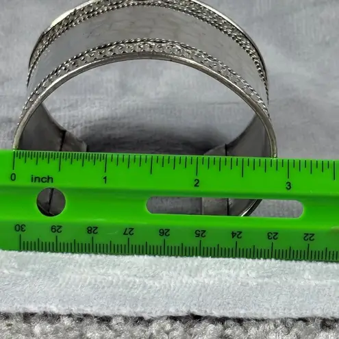 Wide Hammered Silver Tone Metal Cuff Bracelet Braided Textured Edging Boho