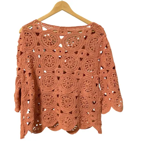 Ultra Pink Shirt Women Size XL Tan Rose Crochet Lace Embroidered Boho Cottage