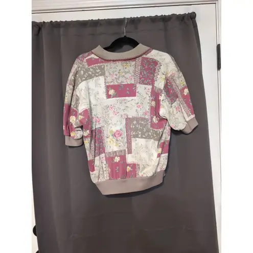 The Season Ticket Women's Large Vintage Blouse, Red Floral Shirt, Collared Top Pink