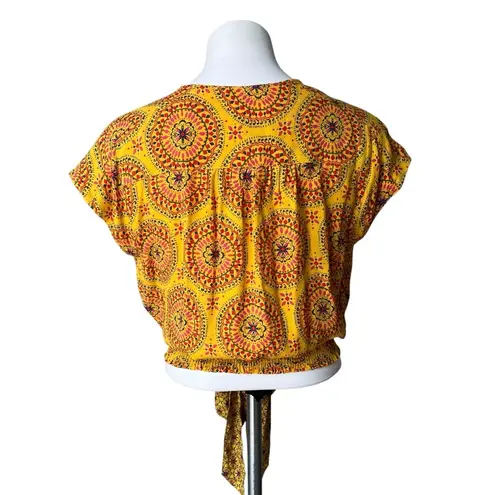 Anthropologie Maeve Cap Sleeve Wrap Top Mixed Media Yellow Printed Blouse, Sz S