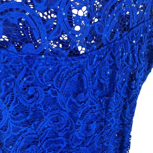 Marina Cobalt Blue Nylon Lace Sequin Cap Sleeve Lined Midi Sheath Dress Size 6