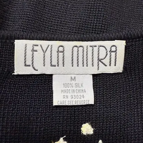 Vintage 90's Cardigan M 100% Silk Knit Floral Embroidered Cottagecore Bow Tie Black Size M