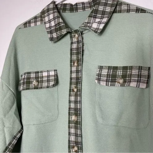 Light Green Plaid Button Down Collared Jacket M Size M