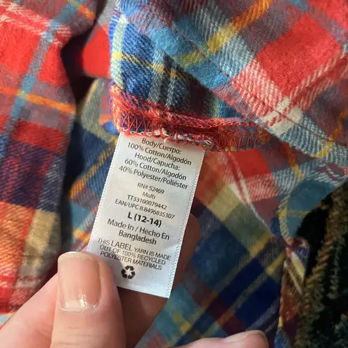 Time & Tru Red Blue Plaid Hooded Flannel Shirt L Button
