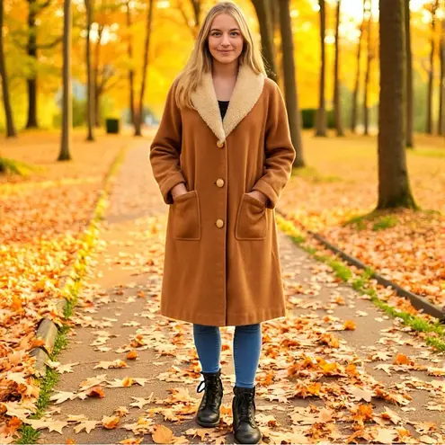 Y2K Farina 2 Penny Lane Faux Fur Trim Trench Coat Old Money Mob Wife M/L Tan Size M