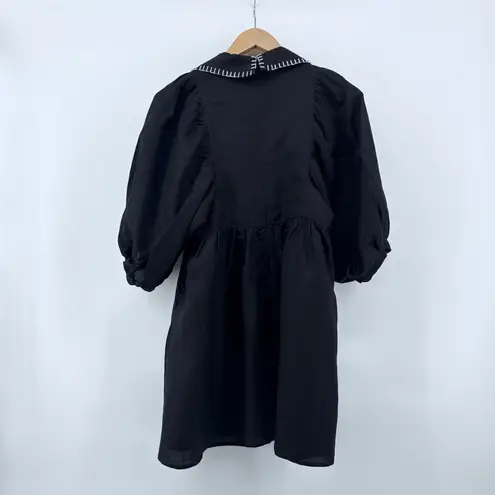 Hunter Bell NEW Noah Poplin Collared Black Dress V Neck Linen Puff Sleeve XS